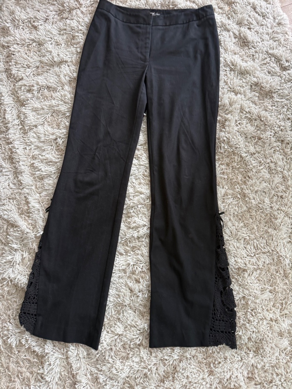 Black Crochet Trim Flare Pants Size 6 Cotton Blend Boho Festival
